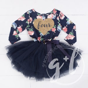 Fourth Birthday Floral Outfit dress with heart and navy blue tutu for girls or toddlers, Floral dress, custom dress, long sleeve