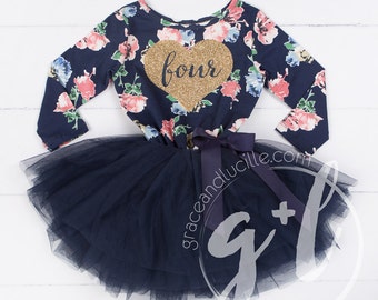 Fourth Birthday Floral Outfit dress with heart and navy blue tutu for girls or toddlers, Floral dress, custom dress, long sleeve