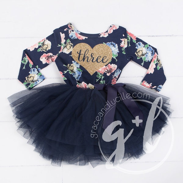 Third Birthday Floral Outfit dress with heart and navy blue tutu for girls or toddlers, Floral dress, custom dress, long sleeve