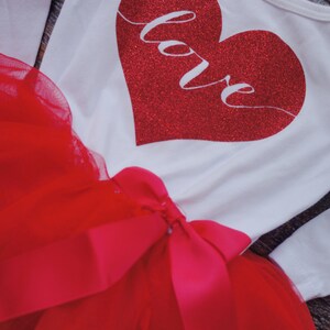 Heart Full of Love Dress Outfit with white top and red tutu Customizable red glitter heart, valentine's day image 2