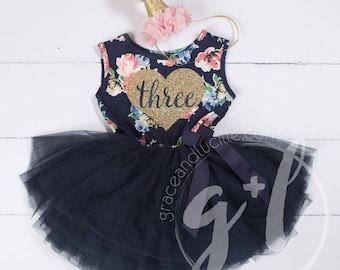 Third Birthday Floral Outfit dress with heart and navy blue tutu for girls or toddlers, Floral dress, Third Birthday Outfit, floral birthday