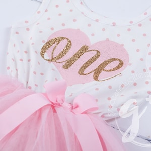 First Birthday outfit, First Birthday Dress, Pink and gold birthday outfit, 1st birthday outfit, sleeveless, polka dots, heart image 3