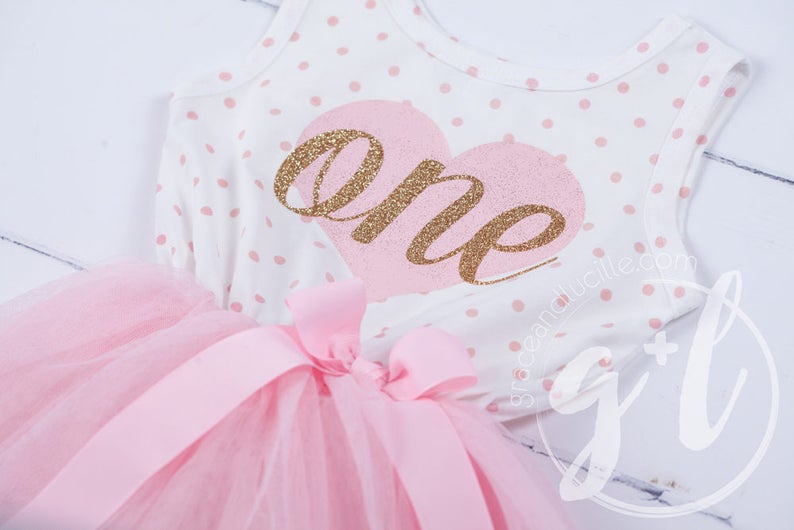 First Birthday outfit, First Birthday Dress, Pink and gold birthday outfit, 1st birthday outfit, sleeveless, polka dots, heart image 3