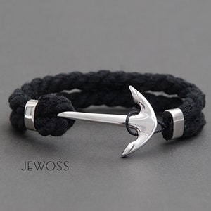 Black cord bracelet with anchor, Nautical cotton rope jewelry, Mens bracelet gift, Sailor bracelet.