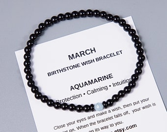 March Birthstone bracelet with Aquamarine crystal. Meaningful Birthday gift with descriptive card for him or her / 4mm