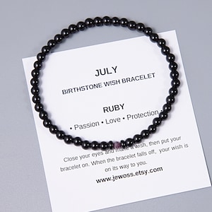 July birthstone bracelet gift, Ruby jewelry gift with descriptive card, ankle bracelet, Birthday Gift for him or her / 4mm