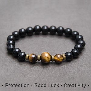 Tiger Eye and Onyx bracelet with Protection and Good Luck energy. Stone jewelry gift for men, boyfriend, husband / 8mm