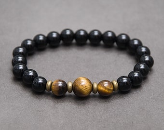 Tiger Eye and Onyx bracelet, Protective Lucky stone jewelry gift for men, Black men's bracelet, Husband gift, Healing stone / 8mm