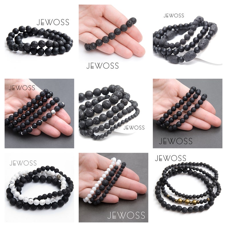 May include: Set of black lava stone bracelets with a variety of styles, including single strand, double strand, and triple strand bracelets. Some bracelets feature black onyx beads.