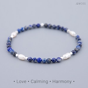 Lapis Lazuli and Freshwater Pearl beads bracelet with Calm, Harmony and Love energy. Skinny gemstone jewelry / 4mm
