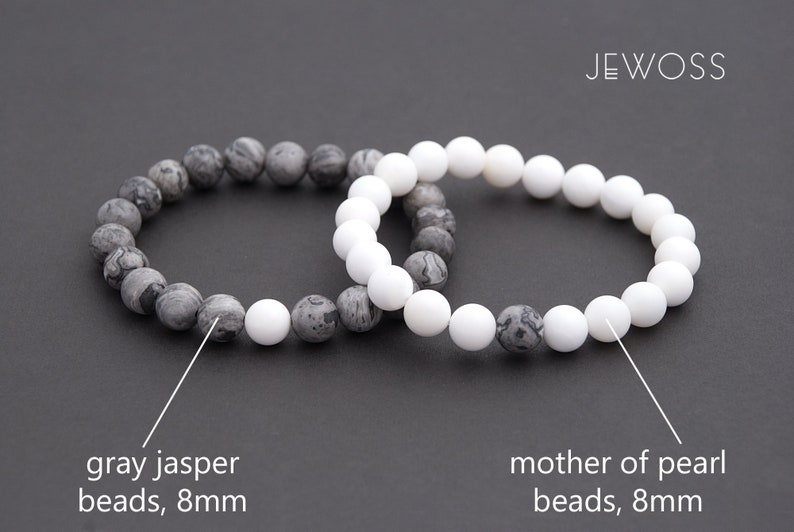 Matching jewelry Relationship gift Gift for couple White and Gray couple bracelets Friendship bracelet Mother of Pearl Jasper gemstones