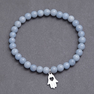 Dainty Angelite bracelet with Hamsa charm. Yoga Protection and Good luck jewelry gift with Fatima hand favor / 6mm