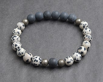 Dalmatian Jasper, Nephrite and Pyrite bracelet, Beaded bracelet gift for men, Taurus birthstones, Prosperity and Calming energy / 8mm