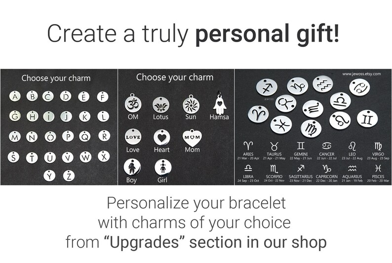May include: Image showcasing personalized bracelet charms. Options include letters, symbols like OM and Hamsa, and zodiac signs. The text encourages customers to create a personal gift and personalize their bracelet with charms from the "Upgrades" section.