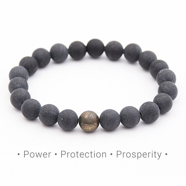 Black Jade and Pyrite accented bracelet, Black stone jewelry, Prosperity and Protection energy jewelry gift for men / 8mm
