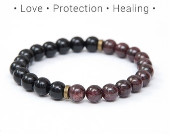 Onyx and Garnet bracelet, Love and Protection jewelry, Healing stone bracelet gift for women, Leo birthstone, Gift for her or him / 8mm