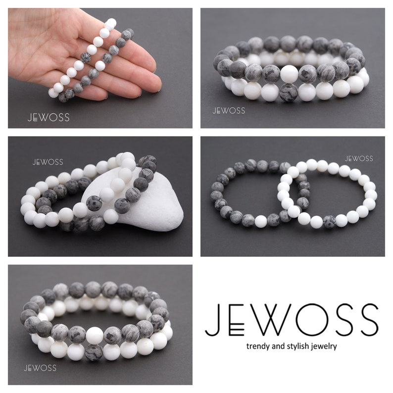 Matching jewelry Relationship gift Gift for couple White and Gray couple bracelets Friendship bracelet Mother of Pearl Jasper gemstones