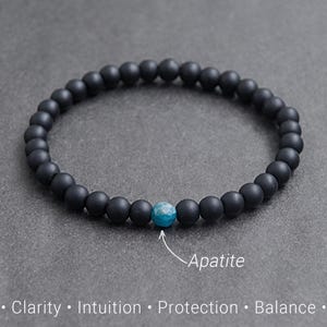 Intuition and Protection bracelet made of Blue Apatite and Onyx stone. Gemstone beaded jewelry gift,  Gemini birthstone  / 6mm