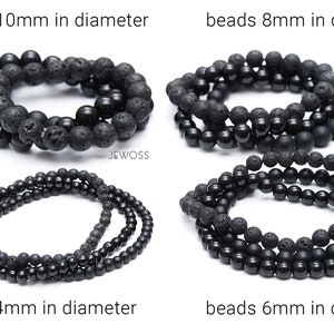 May include: Four black lava rock bracelets with different bead sizes: 4mm, 6mm, 8mm, and 10mm in diameter. The bracelets are made of black lava rock beads and are stacked on a white background.