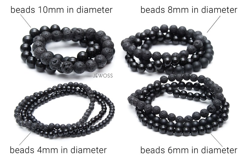 May include: Four black lava rock bracelets with different bead sizes: 4mm, 6mm, 8mm, and 10mm in diameter. The bracelets are made of black lava rock beads and are stacked on a white background.