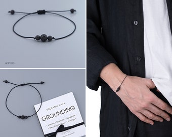 Minimalist Meaningful Lava Stone Bracelet – Grounding Cord Bracelet for Men & Women – Adjustable Black String Bracelet