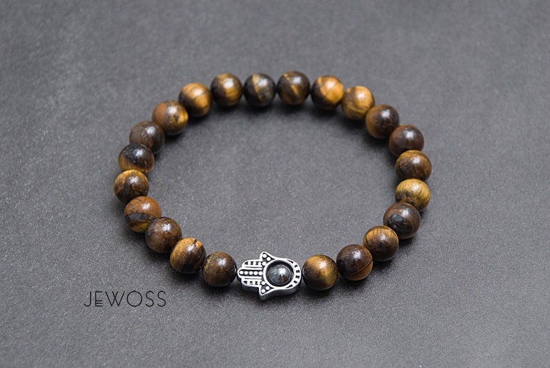 Tiger Eye stone bracelet with Hamsa Fatima hand jewelry gift for women Protection and Good luck amulet 8mm Yoga gift