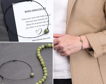 Green Jade Wish Bracelet - Adjustable Cord, Good Luck Amulet