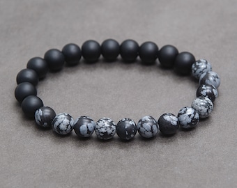 REMOVING NEGATIVITY Snowflake Obsidian bracelet with Protection and Calming energy. Black stretch bracelet gift for men, boyfriend / 8mm