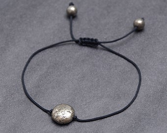 Minimalist adjustable string bracelet with Pyrite stone. Wish cord bracelet gift, Friendship macrame wristband