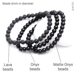 May include: Three black beaded bracelets, one made of lava beads, one of onyx beads, and one of matte onyx beads. Beads 6mm in diameter.