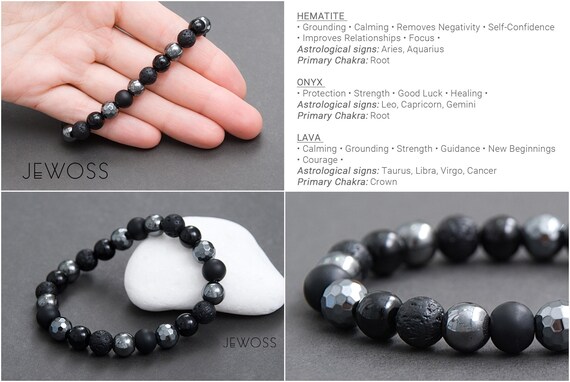 Bracelet Perles Pierre De Lave, Onyx Et Hématite - Sur Mesure Homme/femme, Neuf Sans Emballage