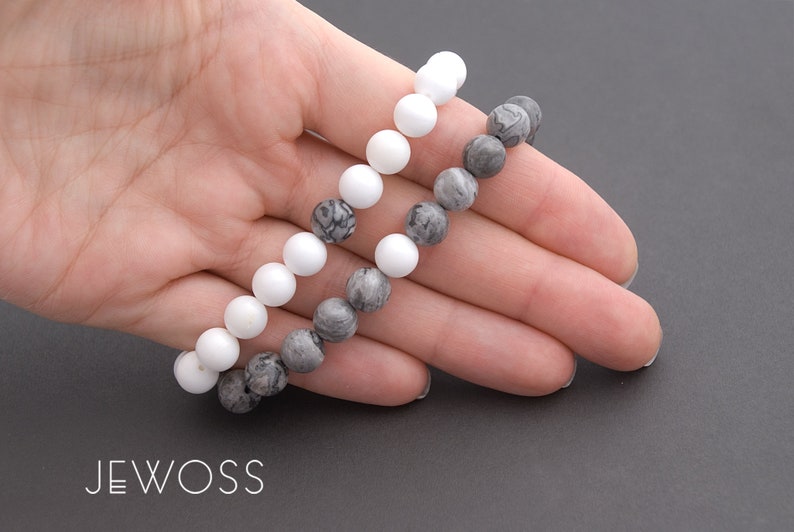 Matching jewelry Relationship gift Gift for couple White and Gray couple bracelets Friendship bracelet Mother of Pearl Jasper gemstones