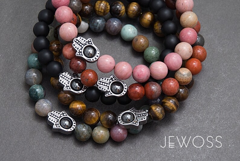 Tiger Eye stone bracelet with Hamsa Fatima hand jewelry gift for women Protection and Good luck amulet 8mm Yoga gift