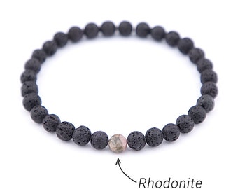 Love bracelet gift, Lava and Rhodonite bracelet for women or men. Stone beaded bracelet, Stretch jewelry, Taurus birthstone / 6mm