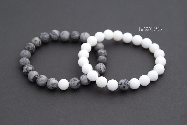 Matching jewelry Relationship gift Gift for couple White and Gray couple bracelets Friendship bracelet Mother of Pearl Jasper gemstones