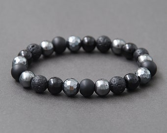 Hematite, Onyx and Lava bracelet for men, Boyfriend, husband. Stretch jewelry gift for with Calming, Grounding and Protection energy / 8mm