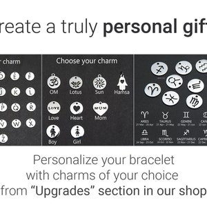 May include: A selection of silver charms for bracelets, including letters, zodiac signs, symbols like a heart, sun, and lotus flower, and words like "Love", "Mom", and "Boy". The text "Create a truly personal gift!" is at the top of the image. The text "Personalize your bracelet with charms of your choice from "Upgrades" section in our shop" is at the bottom of the image.