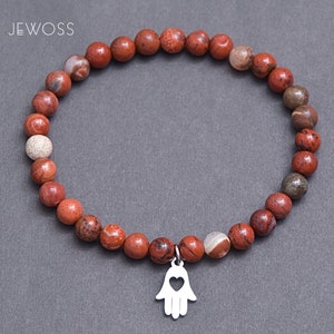 Yoga lover bracelet gift made of Red Jasper with Hamsa Hand charm. Protection, Good luck and Happiness energy jewelry / 6mm
