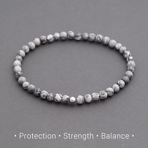 Cadeau bracelet en jaspe petit paysage pour mari, petit ami, frère. Bijoux en pierre grise avec protection et équilibre énergétique / 4 mm