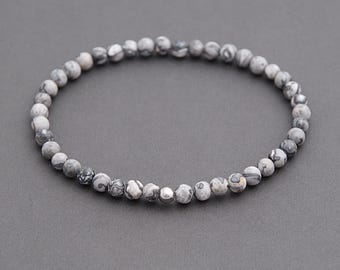 Tiny Scenery Jasper bracelet gift for Husband, Boyfriend, brother. Gray stone jewelry with Protection and Balance energy  / 4mm