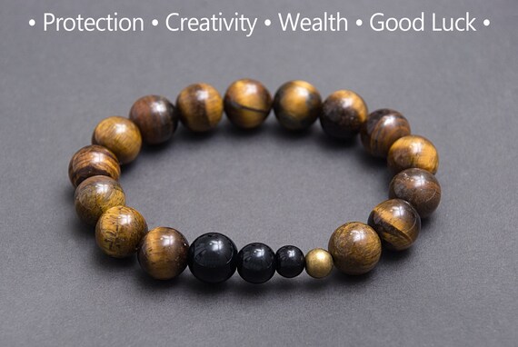 TIGEREYE and ITALIAN ONYX Genuine Gemstone Mens or Womens Stretch Bracelet Decision Making Good Luck Bracelet