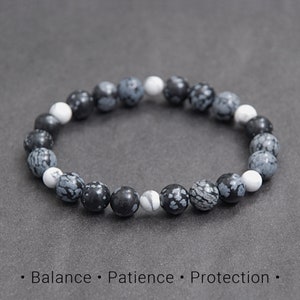 Schneeflocken Obsidian und Howlith Armband mit Balance und Geduld Energie. Edelstein-Schmuckgeschenk für Sie und Ihn / 8 mm