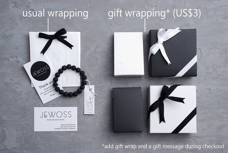 May include: An overhead shot showcases jewelry packaging options. A black lava bead bracelet is displayed with a tag and a thank you note. Gift wrapping options include black and white boxes with ribbons. The brand name "JEWOSS" is visible.