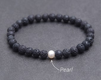 LOVE Pearl and Lava bracelet. Black and White jewelry gift for girlfriend, Fertility and Calm stone bracelet gift / 6mm
