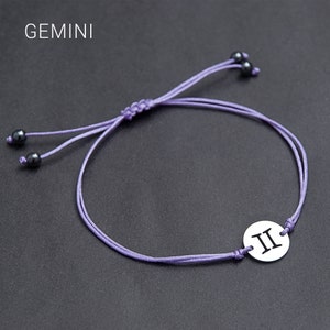 Gemini sign cord bracelet. Zodiac Sign bracelet with Hematite stones gift. Macrame string cord bracelet. Friendship bracelet