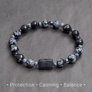 Snowflake Obsidian and Lava bracelet with Protection and Calming energy. Stone jewelry gift for him or her / 8mm
