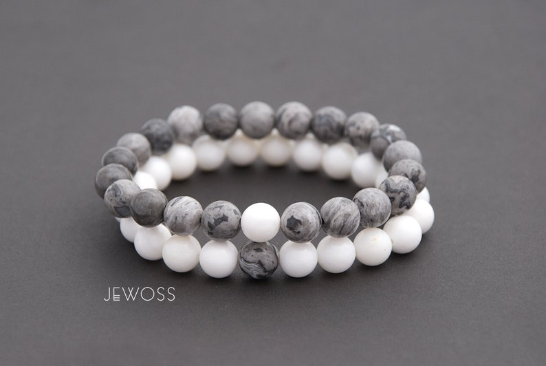 Matching jewelry Relationship gift Gift for couple White and Gray couple bracelets Friendship bracelet Mother of Pearl Jasper gemstones