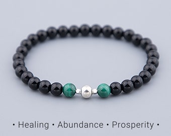 Malachite, Onyx & Hematite Beaded Bracelet, Sterling Silver Accent / 6mm