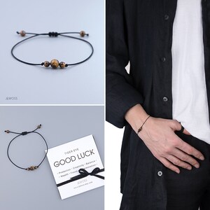 Lycka till-armband – Justerbart minimalistiskt snörarmband med tigerögepärlor – Svart snör-önskearmband – Present till honom