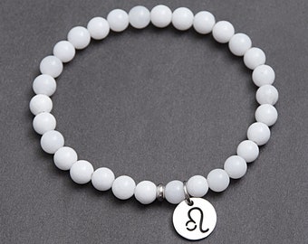 Leo zodiac sign bracelet made of White Jade crystals. Birthstone personalized Astrology jewelry gift for her or him / 6mm